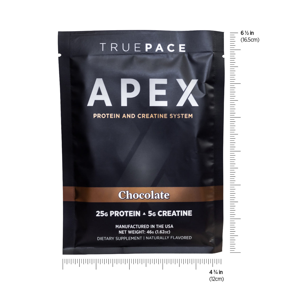 Front of the truePACE APEX Chocolate protein and creatine packet on a white background