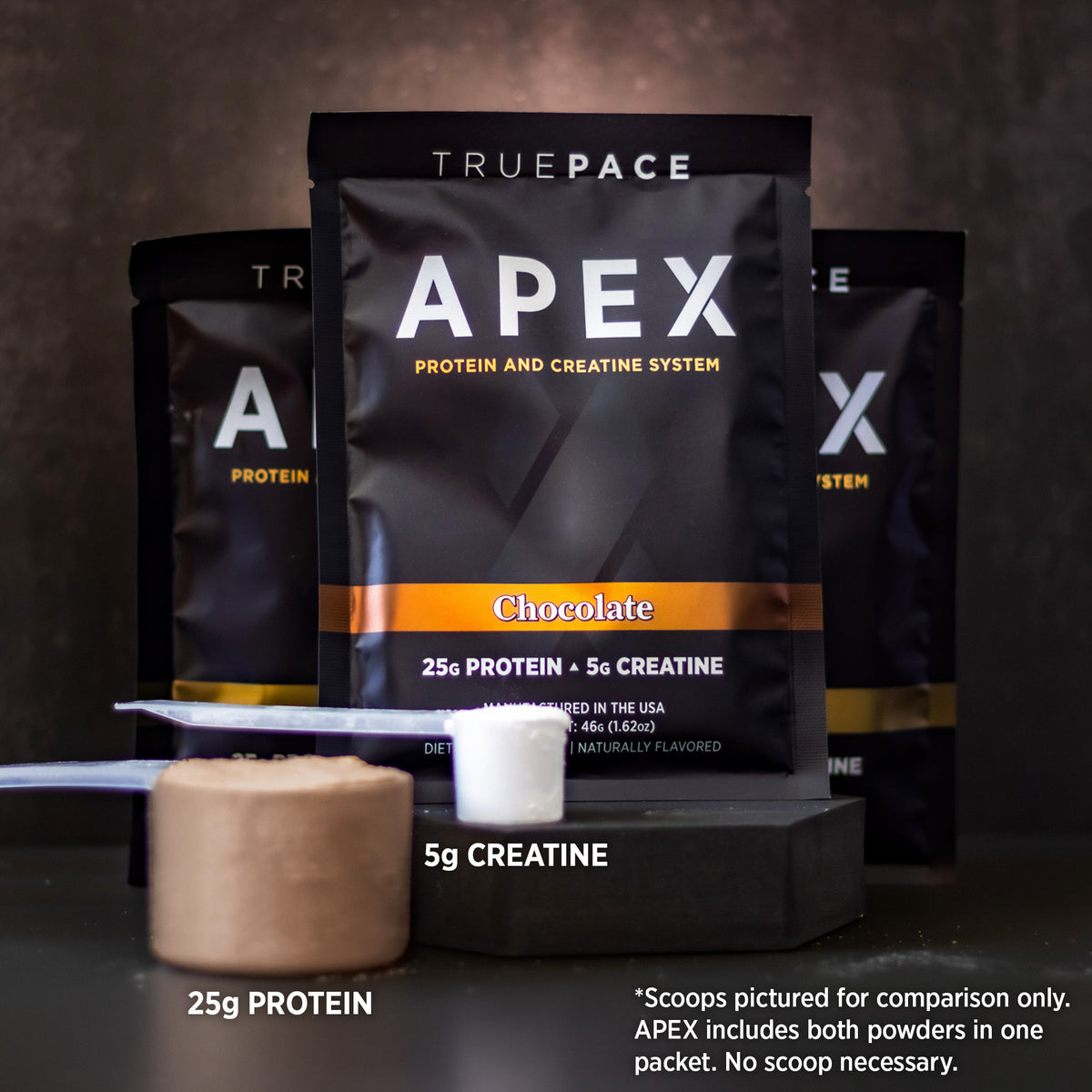 truePACE APEX Chocolate protein and creatine powder with a scoop on a dark background