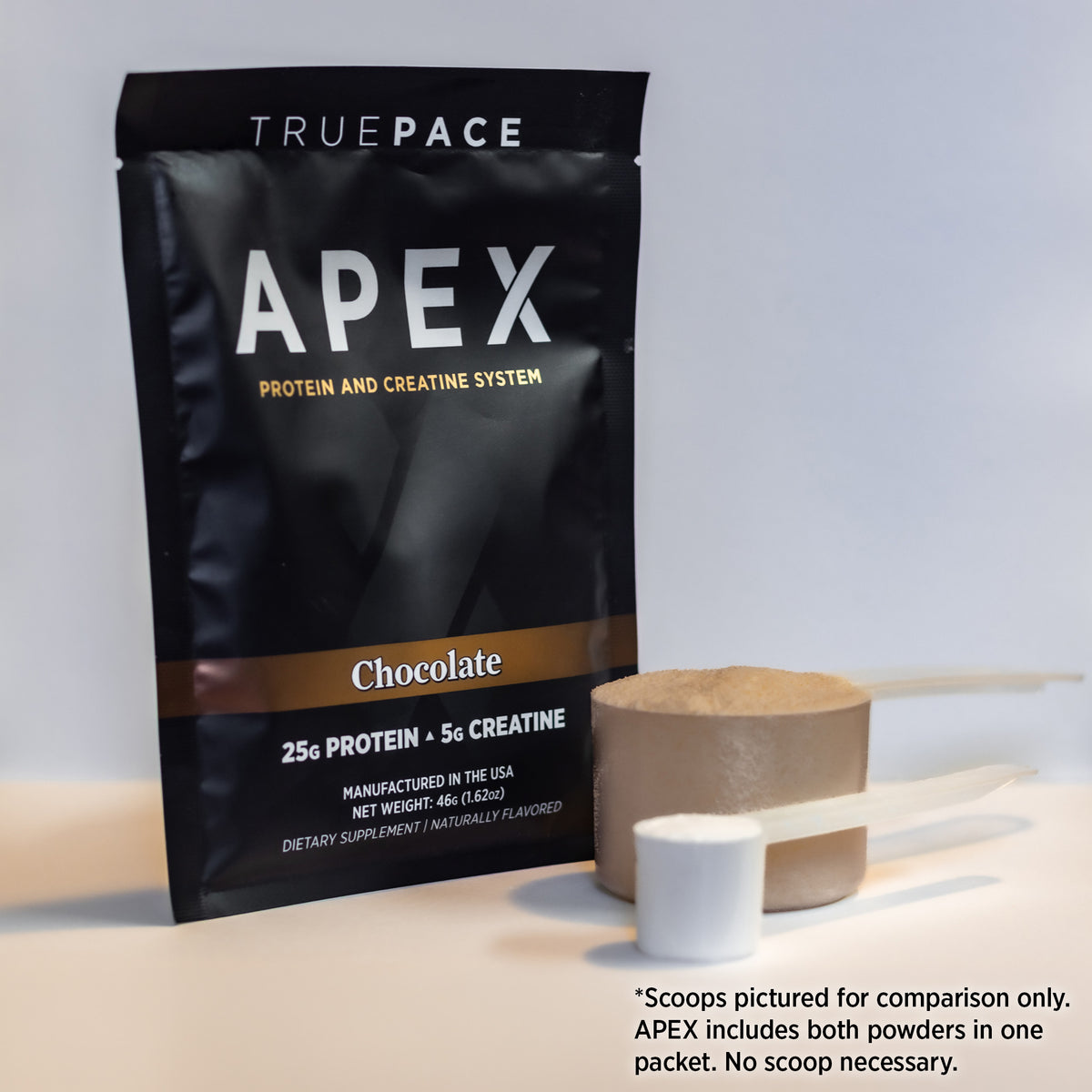 truePACE APEX Chocolate protein and creatine powder with a scoop on a white background