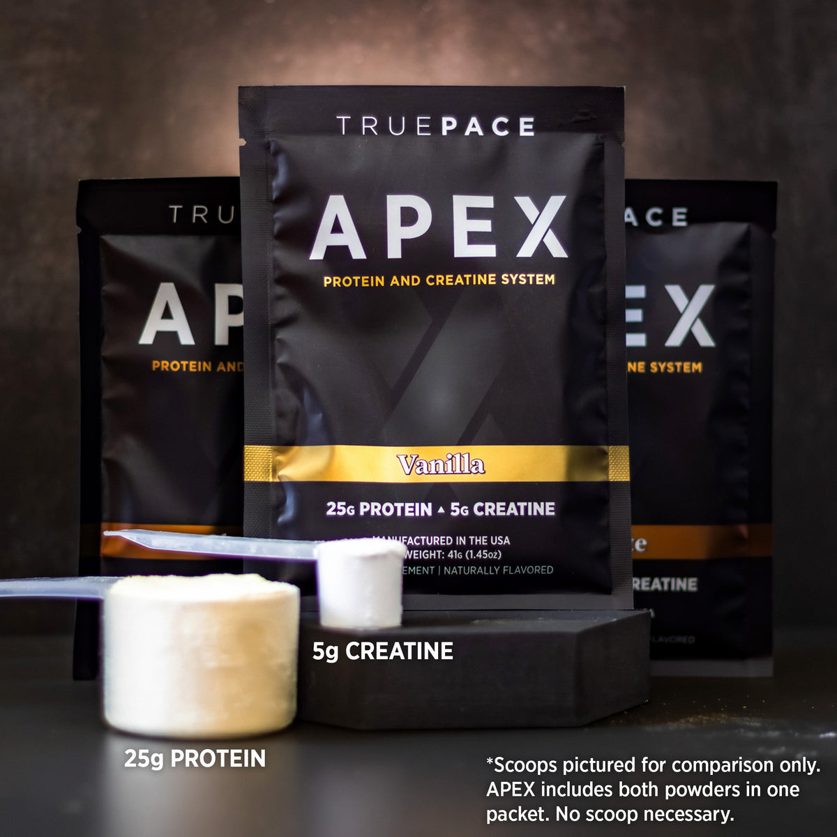 truePACE APEX Vanilla protein and creatine powder with a scoop on a dark background