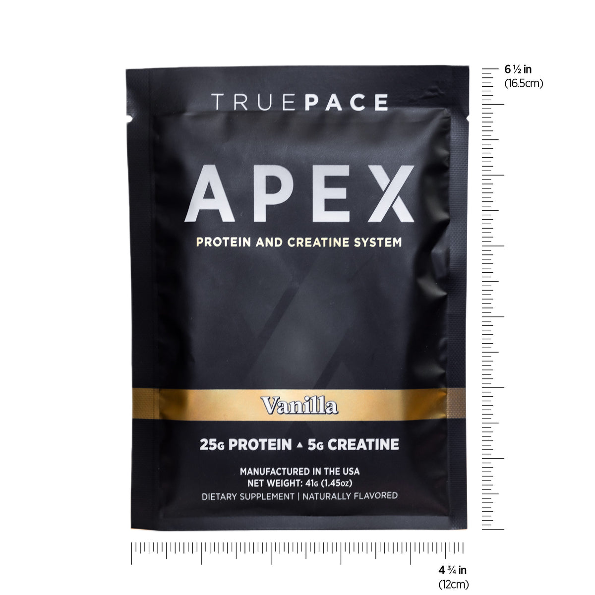 Front of the truePACE APEX Vanilla protein and creatine packet on a white background