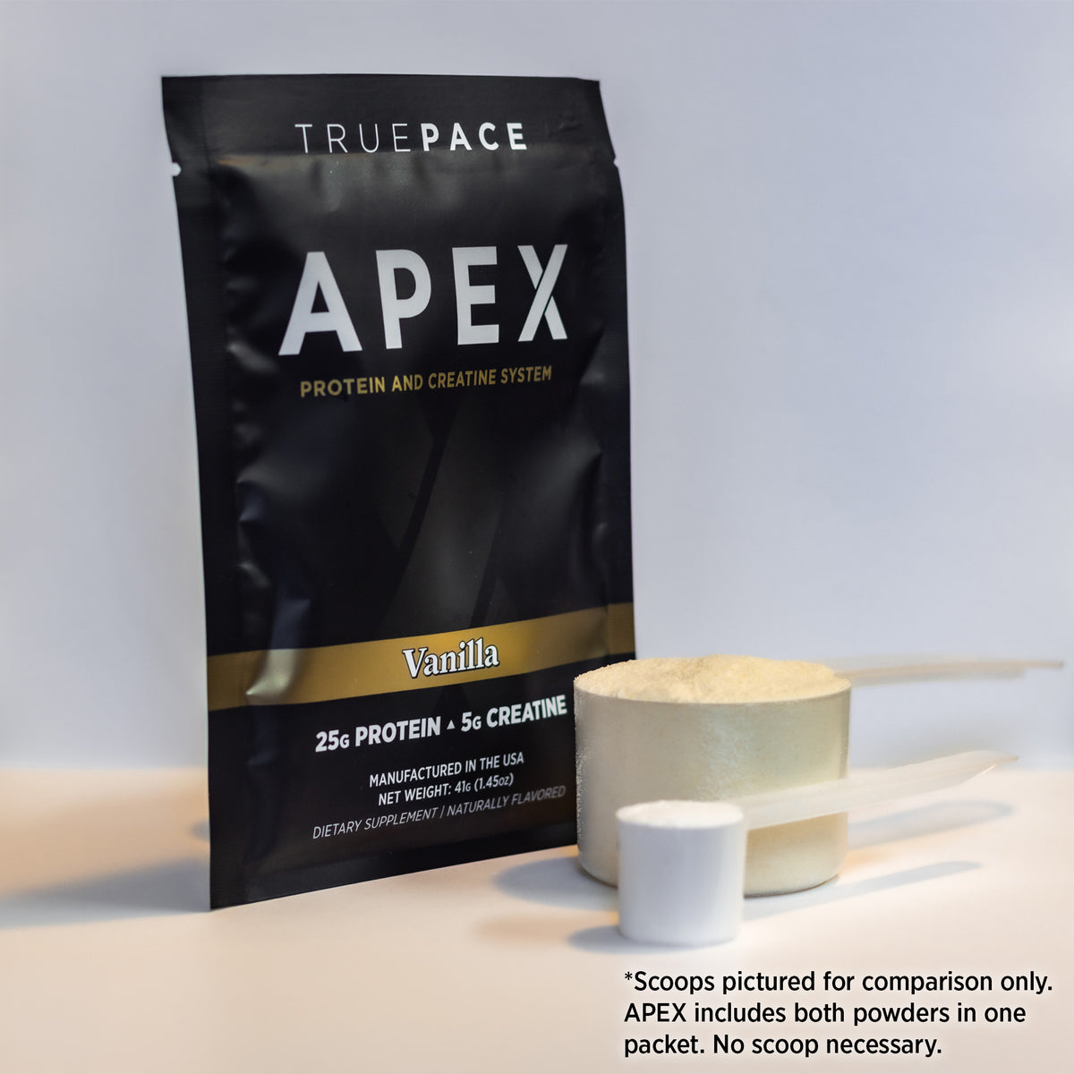 truePACE APEX Vanilla protein and creatine powder with a scoop on a white background